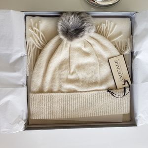 AMICALE 100% Cashmere Fur Beanie and Scarf Set